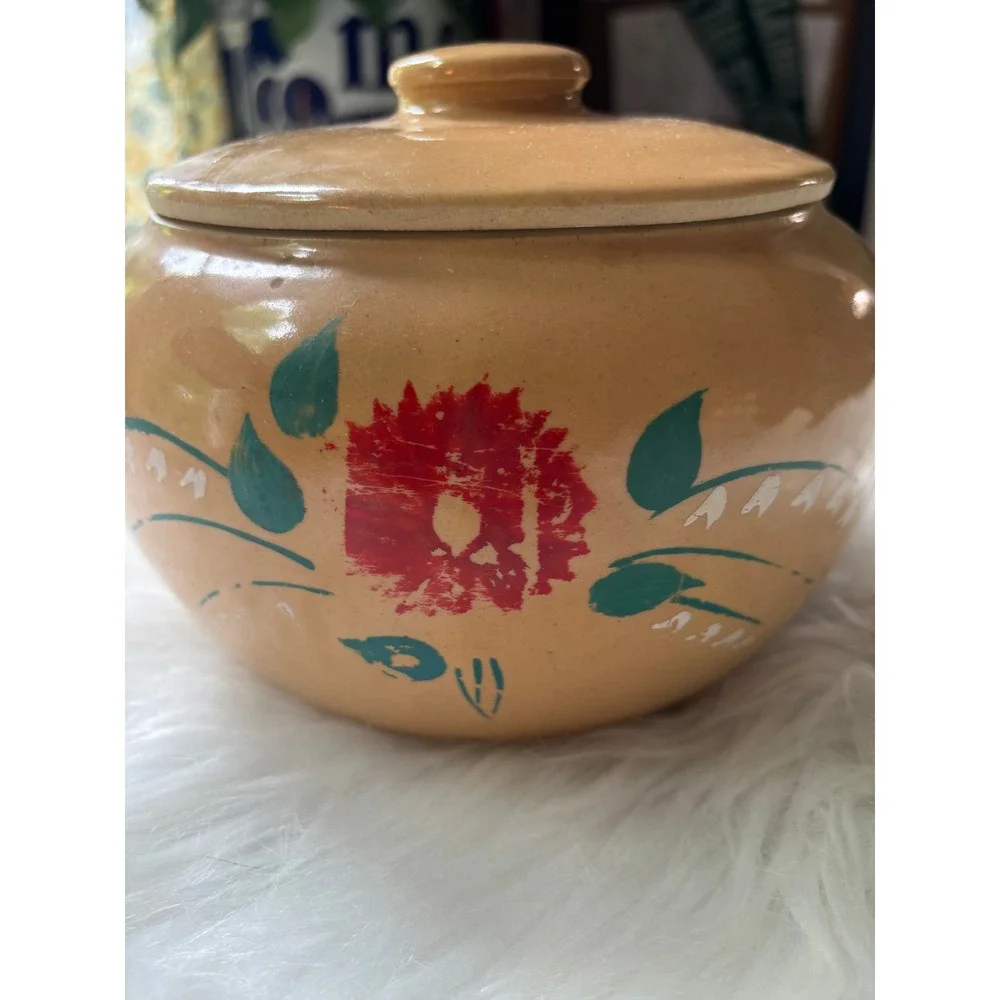 Vintage USA Stoneware Bean Pot Lidded Crock Tan Red Floral Hand Painted